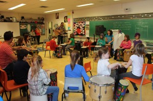 The Junk Beats team of Chuck Buckets and Keith Mullins lead an enthusiastic group of kids in a percussion workshop 