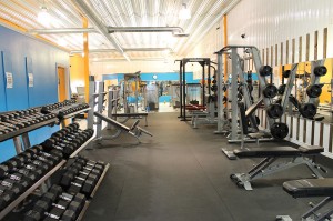 A view of the free weights and selectorized strength training machines at Freestyle Fitness Inc Centre