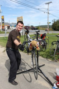 Derek Whitbread is the team’s traveling bicycle mechanic. Here he is replacing a brake cable on Dr Bruce Crooks’ trusty steed