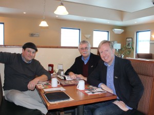 Joe Gee meets with NDP Senior Advisor Brian Duplessis and Party Leader Dominic Cardy at the Tobique Ultramar in Perth-Andover