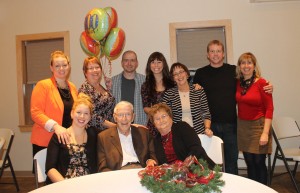 Loving daughters and grandchildren surround Dr Lee White  at his 100th Birthday Party... Font row L to R: Emma Watts , Dr White and his wife Rita. Back row L to R: Adriane King, Leslie VanDover, Tyler Craig,  Karin Watts, Vivian White, Brad Craig, and Ellen Carter. 