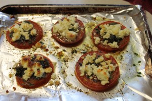 Just out of the toaster oven broiler...the feta cheese is lightly  browned and the tomatoes & fresh herbs are cooked through 